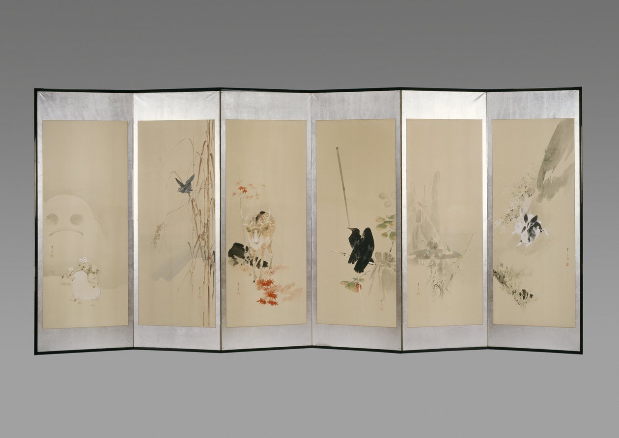 Folding screen: Flowers of the Twelve Months, c.1900 by Watanabe Seitei