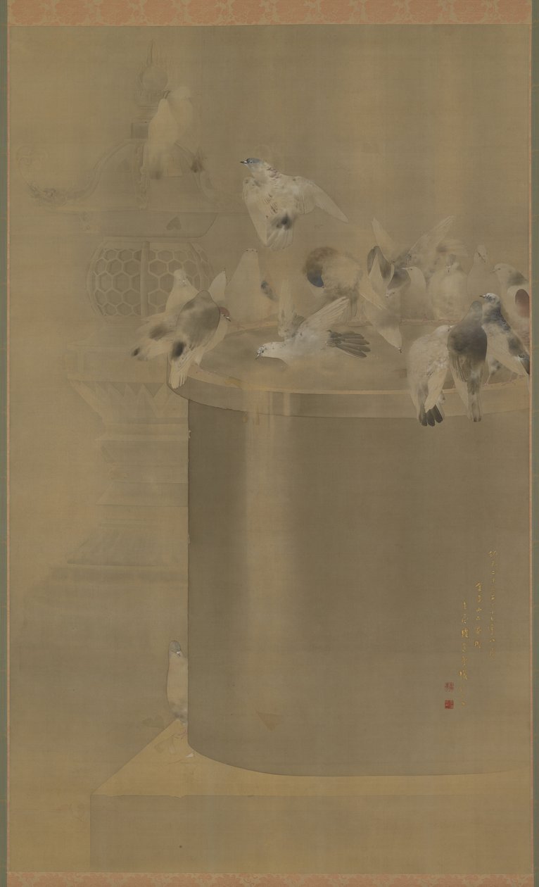 Pigeons at Senjoji (Asakusa Kannon Temple) Meiji Era, 1877 by Watanabe Seitei