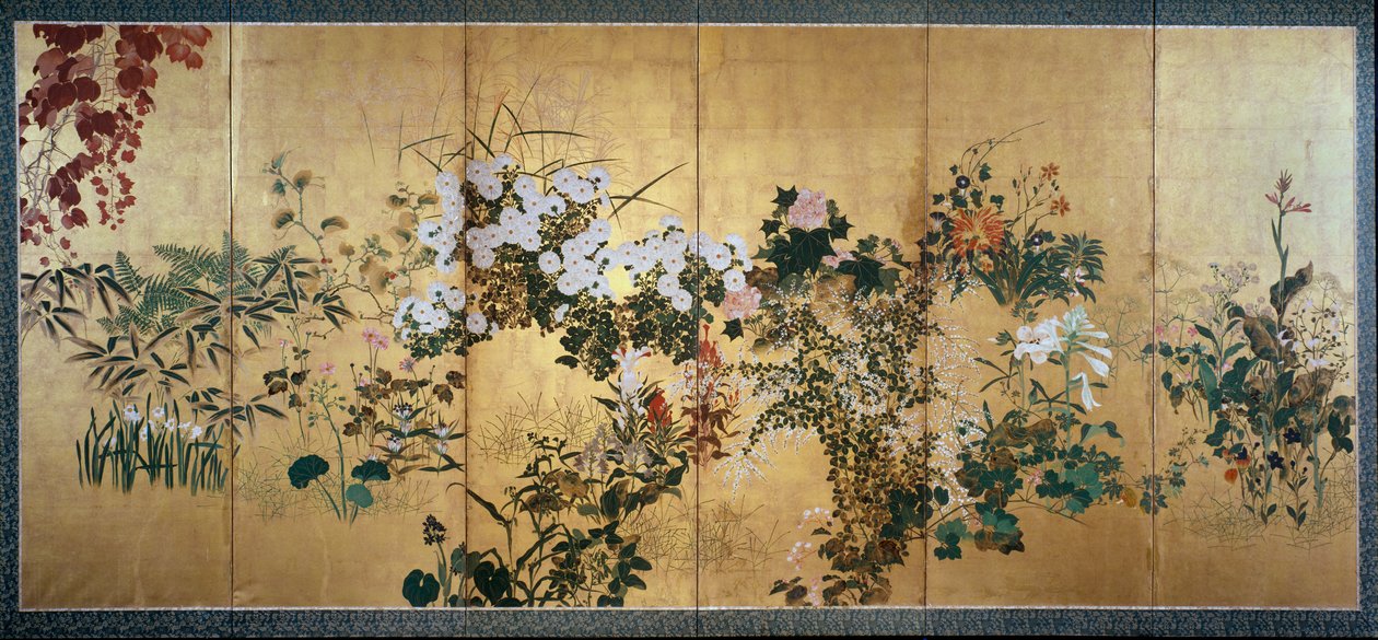 Screen with Autumn and Winter Flowers, early 18th century by Watanabe Shiko
