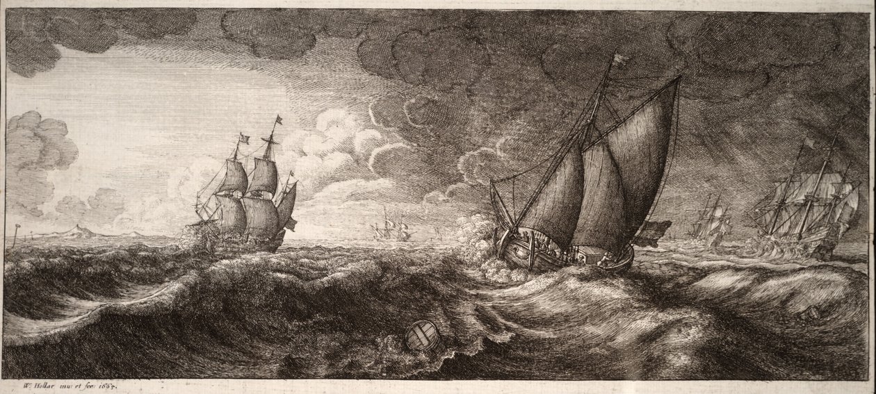 A Yacht and Three Warships in a Storm. State 1 by Wenceslaus Hollar