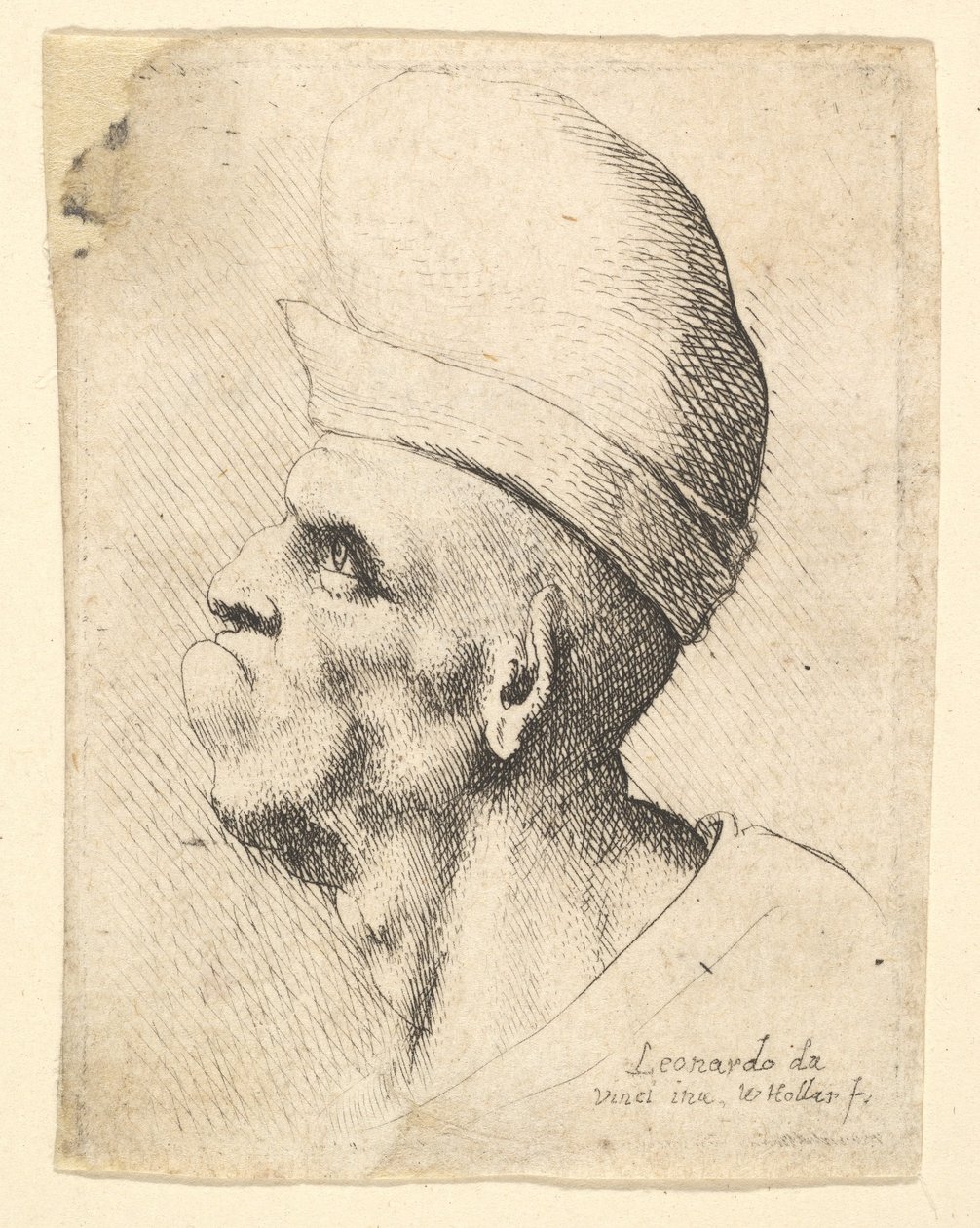 Bust of a Deformed Man Wearing a Bulbous Hat in Profile to the Left by Wenceslaus Hollar