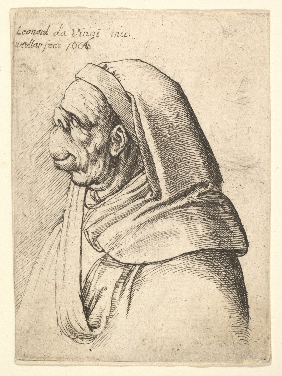 Bust of a Man with a Small Turned-Up Nose and Very High Upper Lip, Wearing Hood, in Profile by Wenceslaus Hollar