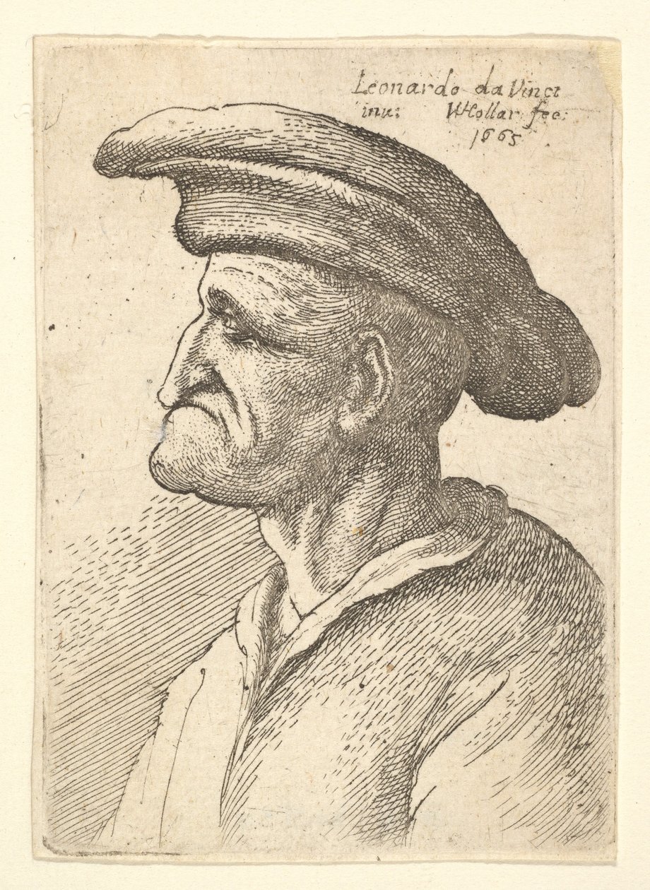 Bust of elderly man with nose that meets his lower lip, wearing wide flat cap in profile, 1665 by Wenceslaus Hollar