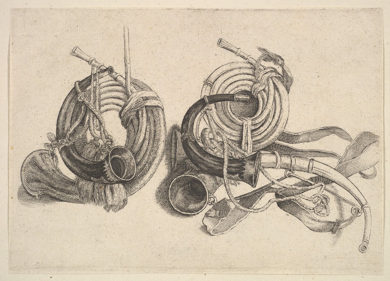 Five hunting horns, 1625-77 by Wenceslaus Hollar