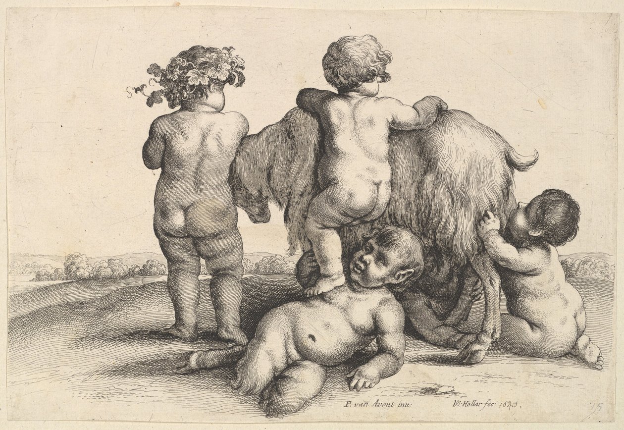 Four boys, a young satyr and a goat, 1647 by Wenceslaus Hollar
