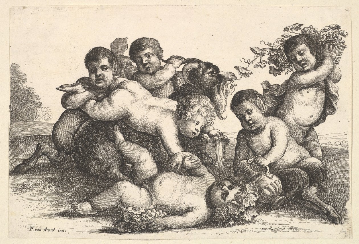 Four boys, two satyrs and a goat, 1654 by Wenceslaus Hollar