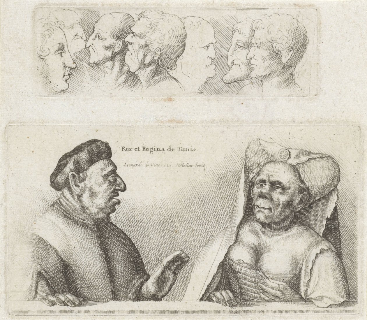 Frieze with Study Heads / Caricatures of the King and Queen of Tunisia by Wenceslaus Hollar