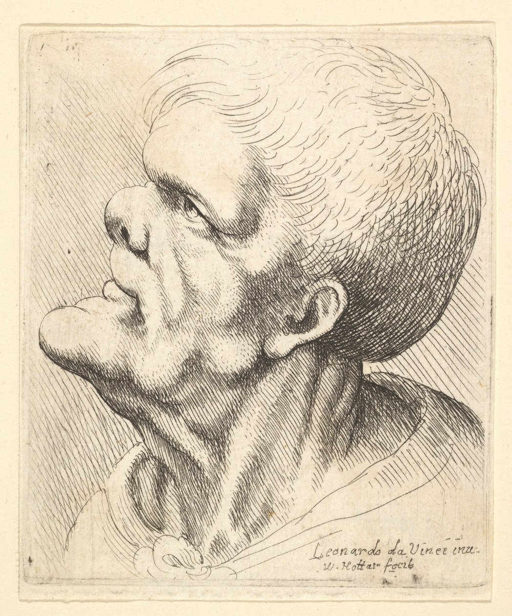 Head of a Man with Protruding Chin and Snub Nose Looking Upwards in Profile to Left by Wenceslaus Hollar