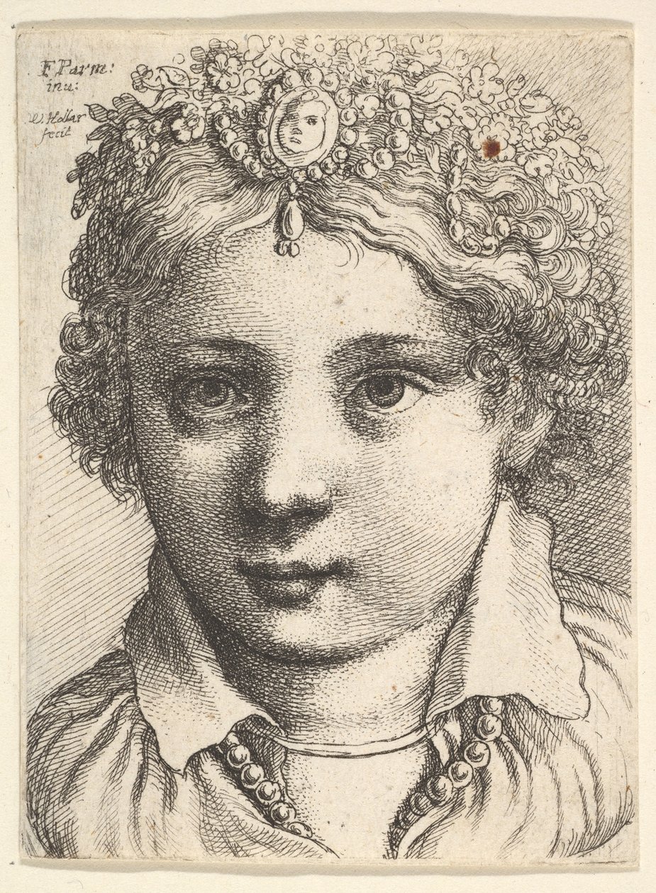Head of a young girl wearing a jeweled headdress by Wenceslaus Hollar