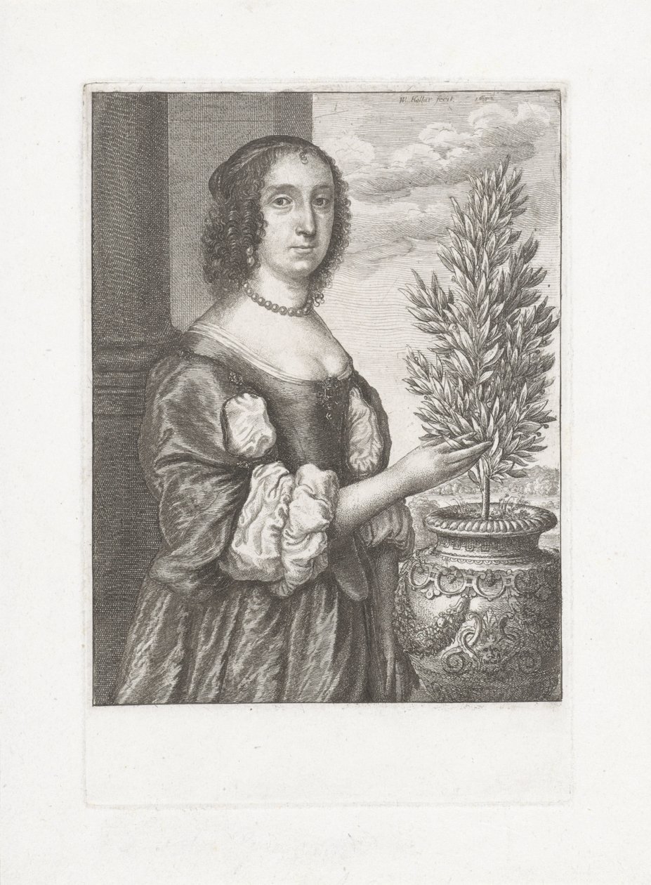 Portrait of a Standing Woman Next to a Laurel Plant by Wenceslaus Hollar