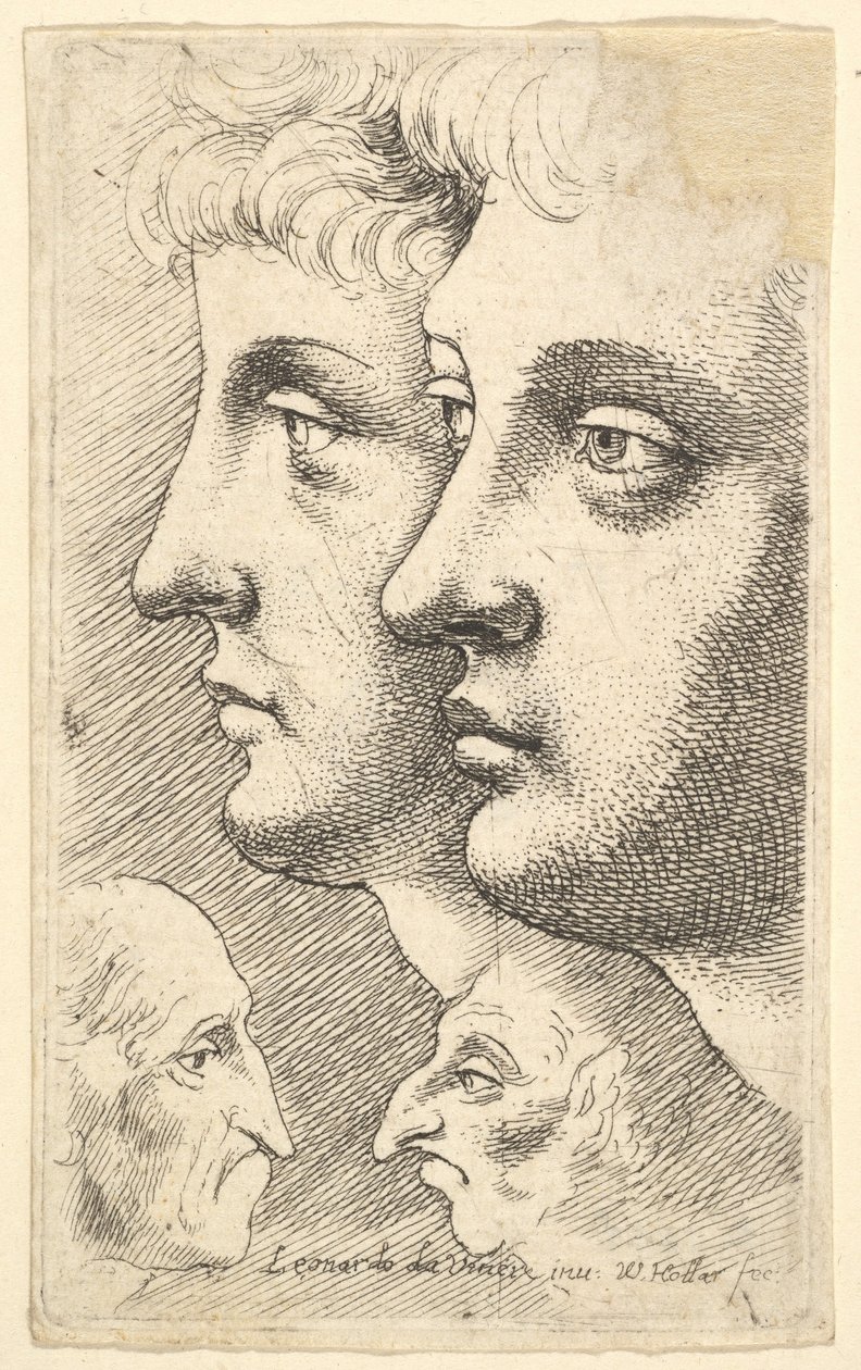 Two Youths in Profile with Two Grotesque Heads by Wenceslaus Hollar