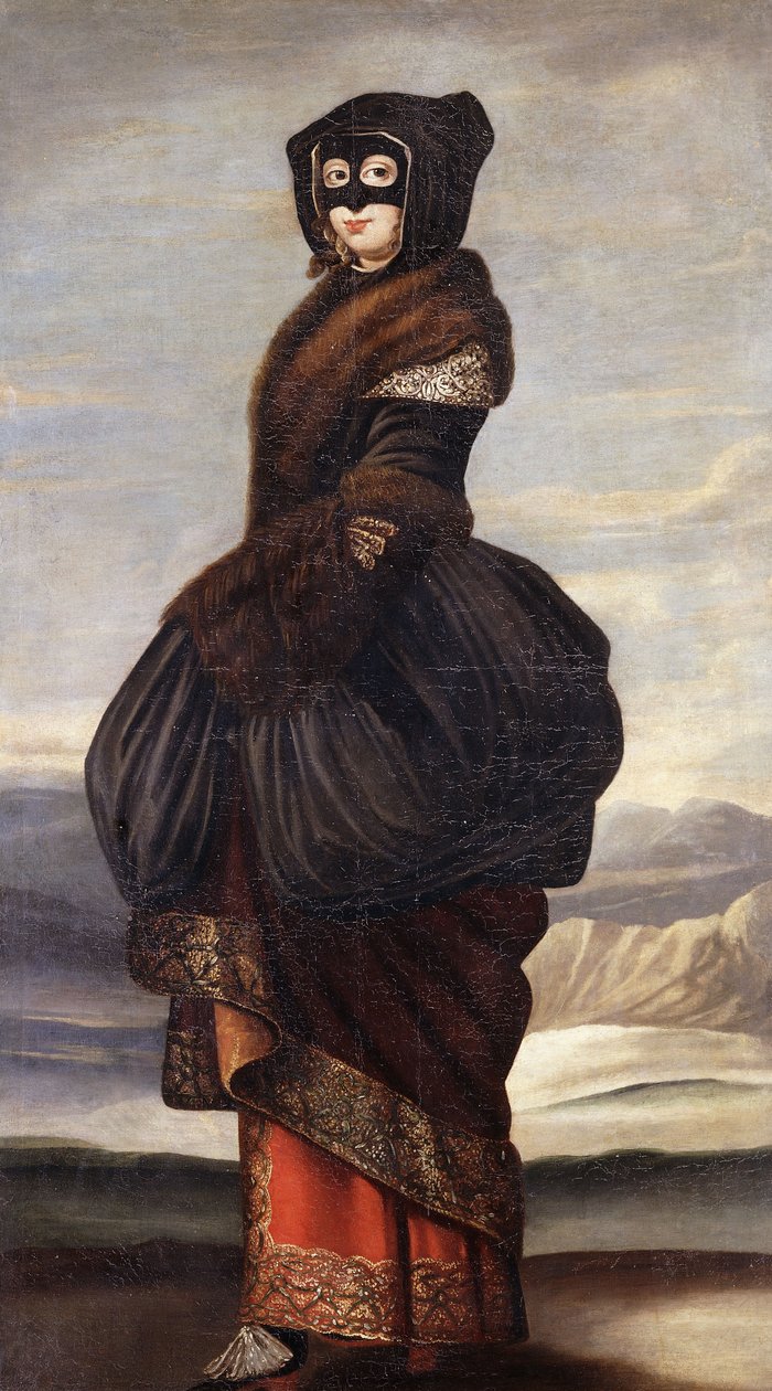 Winter: A Lady, Full-length, in Exotic Costume, Wearing a Mask, in a Landscape by Wenceslaus Hollar