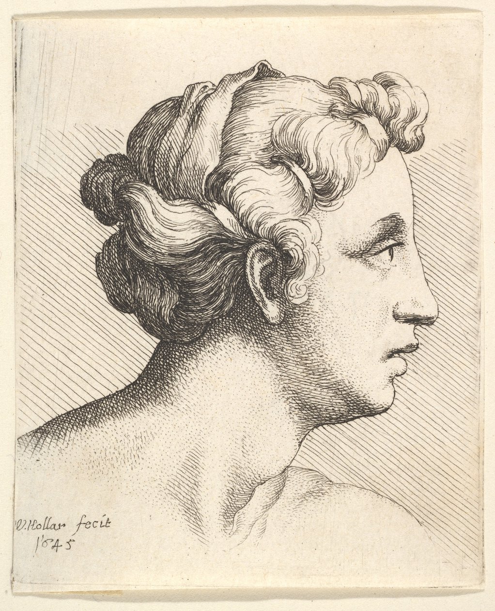 Woman with a bound tress of hair in profile to right by Wenceslaus Hollar