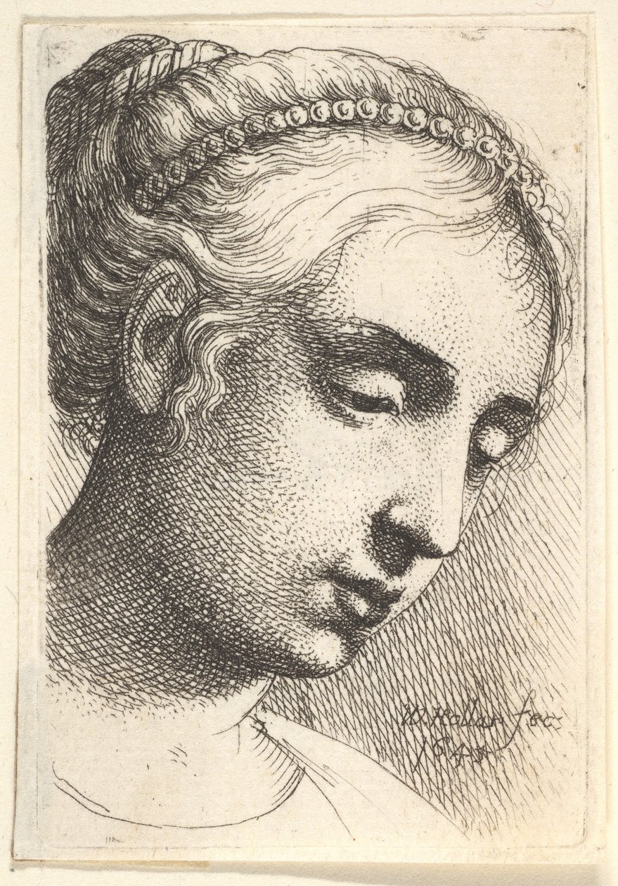 Woman with string of pearls in her hair looking downwards to right by Wenceslaus Hollar