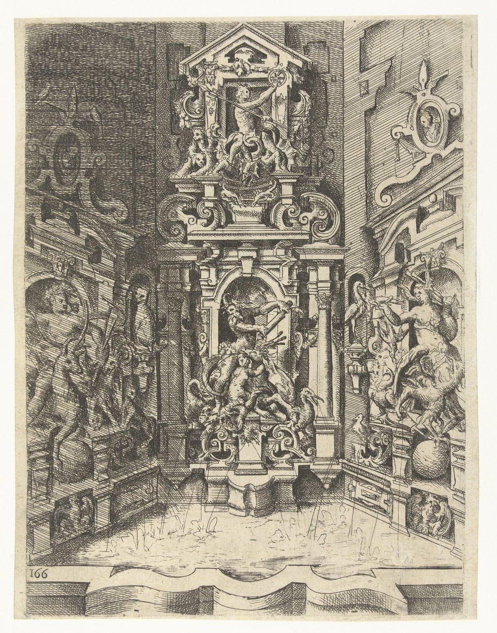 Large Fountain Built Between Three Walls (Fountains, Wells, Chimneypieces, Capitals, Windows, and Altarpieces) by Wendel Dietterlin (I)