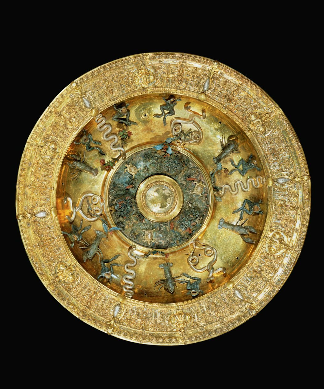 Gilt silver dish with serpents, frogs and lobsters, enamel by Wenzel I Jamnitzer