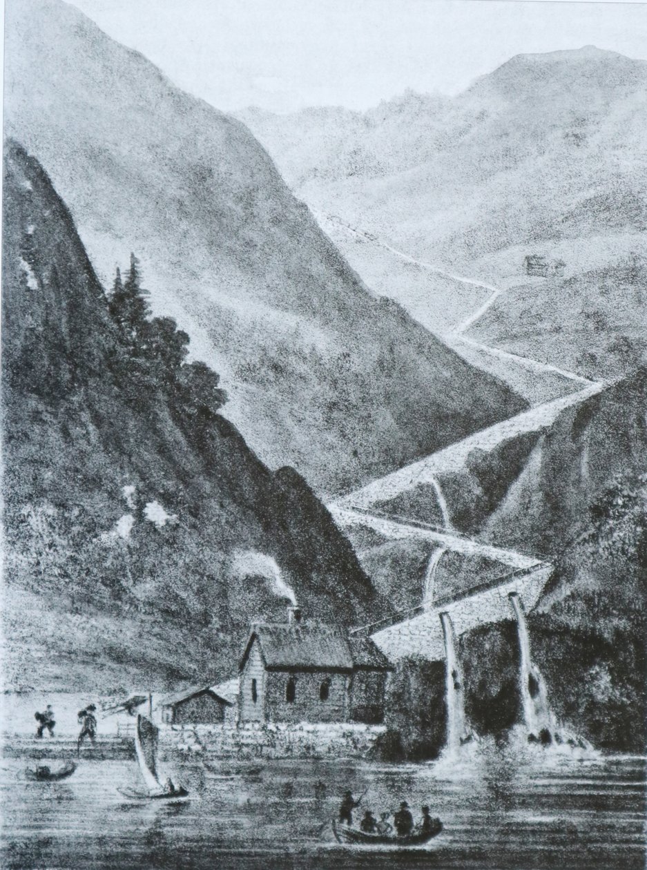Vestlandske Main Road Eastward from Fedafjorden, Rørvikkleven. Lithograph by Peter Frederik Wergmann