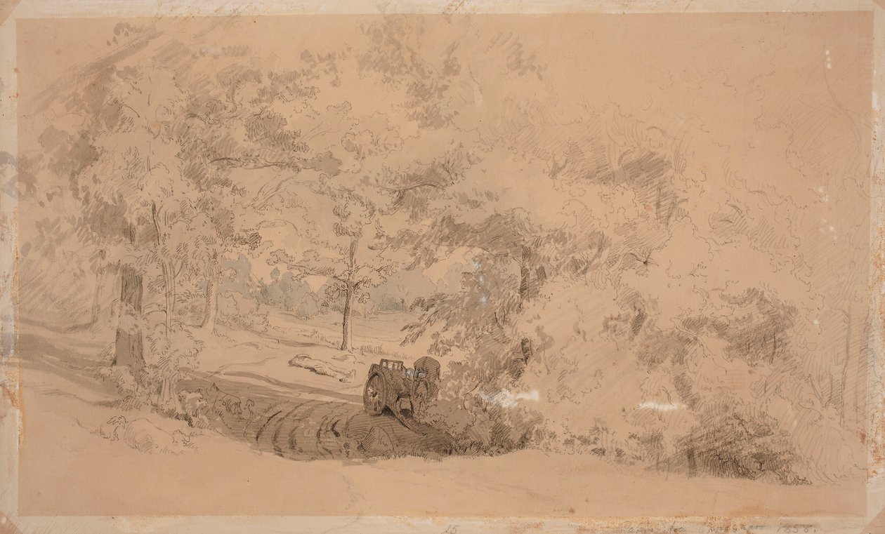 Forest Landscape with Horse and Cart; Forest Landscape, Man Fishing on a Bridge (Double-sided Work) by Werner Holmberg