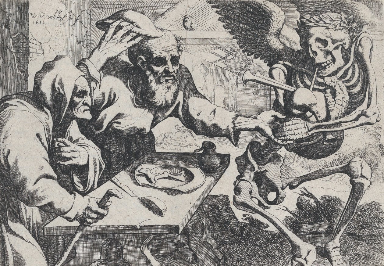 Old Couple and Death with Bagpipes by Werner Jacobsz. van den Valckert