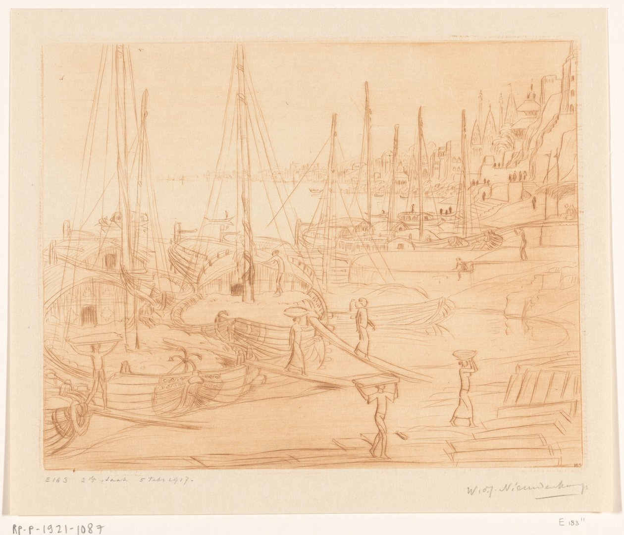 Moored Ships on the Banks of the Ganges in Benares by Wijnand Otto Jan Nieuwenkamp (signed by artist)