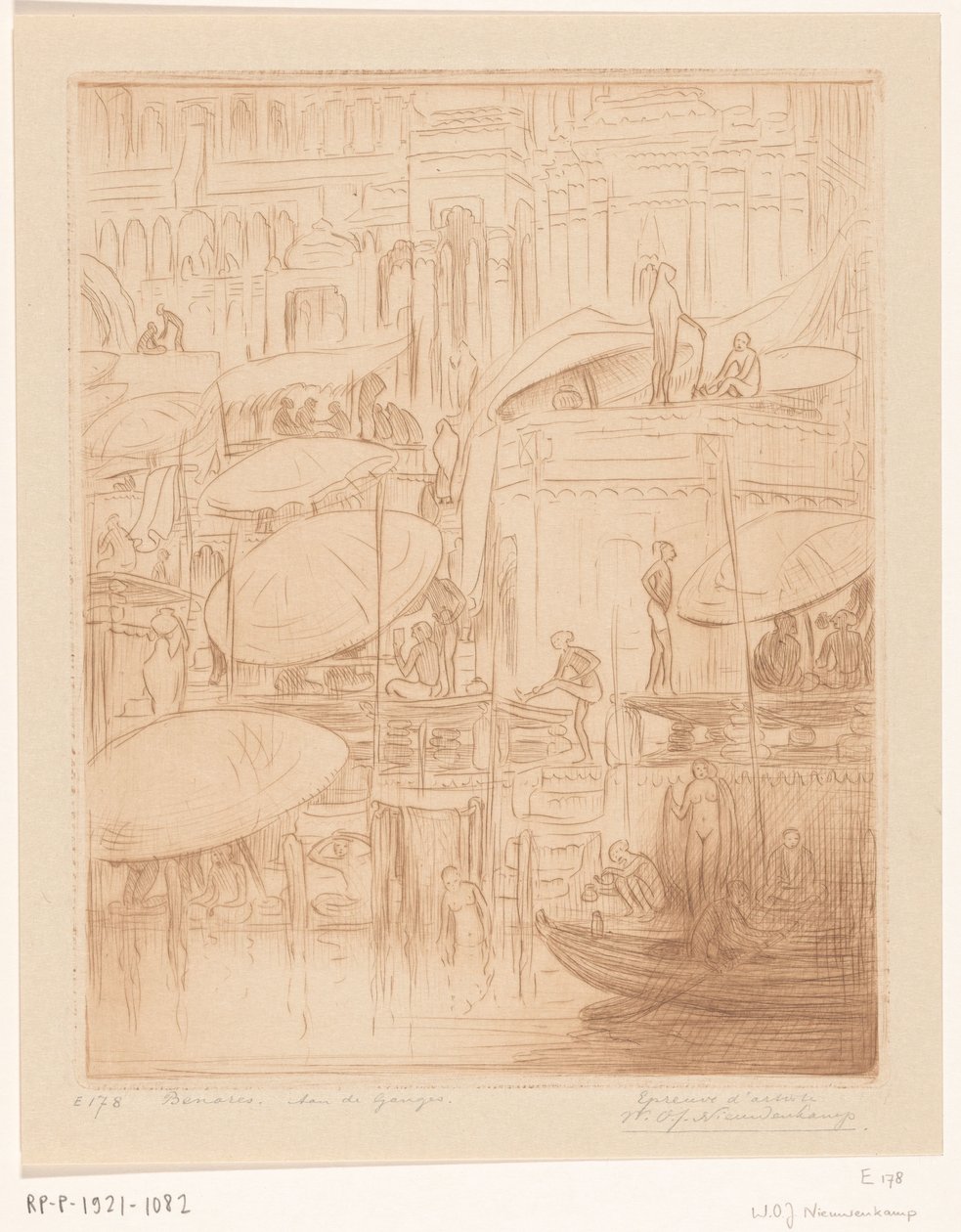Bathing and Praying Men and Women on the Banks of the Ganges in Benares by Wijnand Otto Jan Nieuwenkamp (signed by artist)