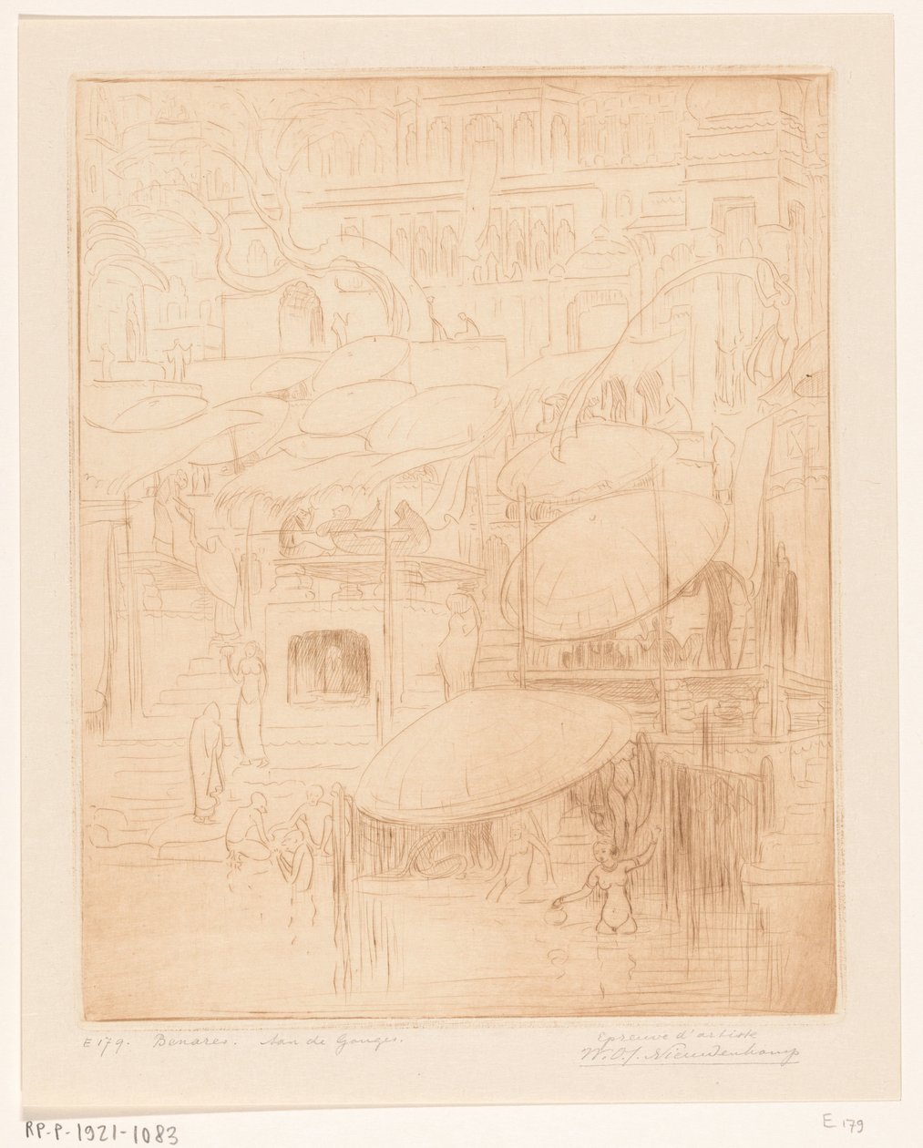 Bathing and Praying Men and Women on the Banks of the Ganges in Benares by Wijnand Otto Jan Nieuwenkamp (signed by artist)