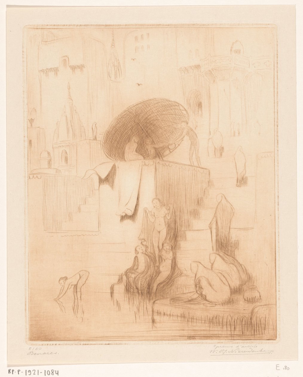 Bathing and Washing Women on the Banks of the Ganges in Benares by Wijnand Otto Jan Nieuwenkamp (signed by artist)