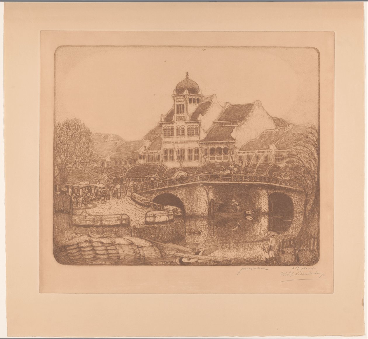 Bridge and office building in Batavia by Wijnand Otto Jan Nieuwenkamp (signed by artist)