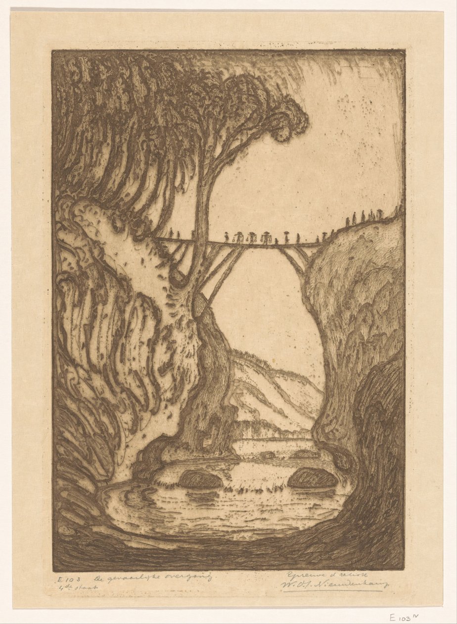 Wooden Bridge over a River Gorge in Bali (original title: The Dangerous Crossing) by Wijnand Otto Jan Nieuwenkamp (signed by artist)