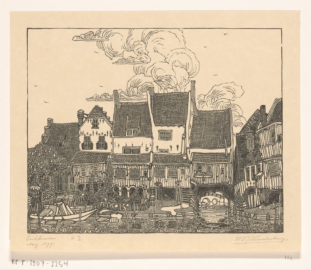 Houses at the Harbor of Enkhuizen by Wijnand Otto Jan Nieuwenkamp (signed by artist)