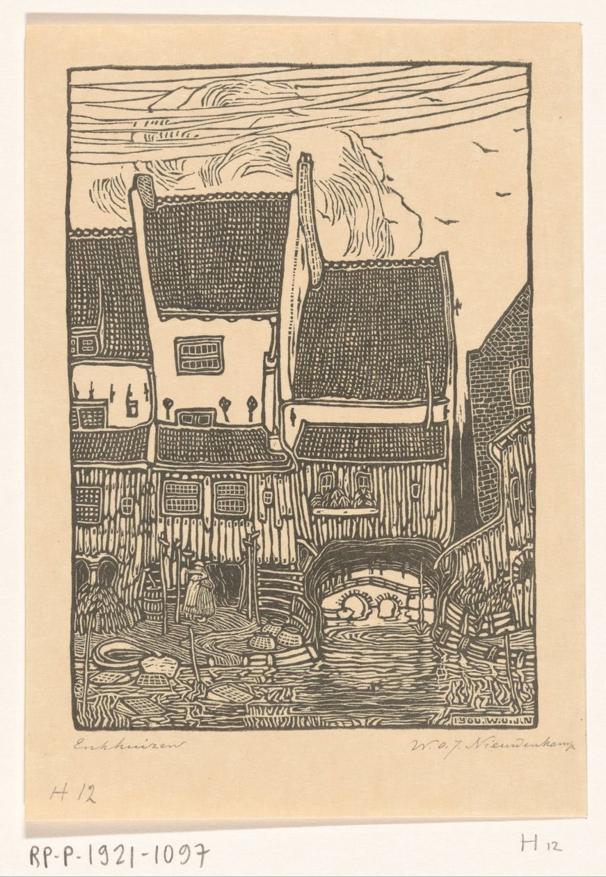 Houses at the harbor of Enkhuizen by Wijnand Otto Jan Nieuwenkamp (signed by artist)