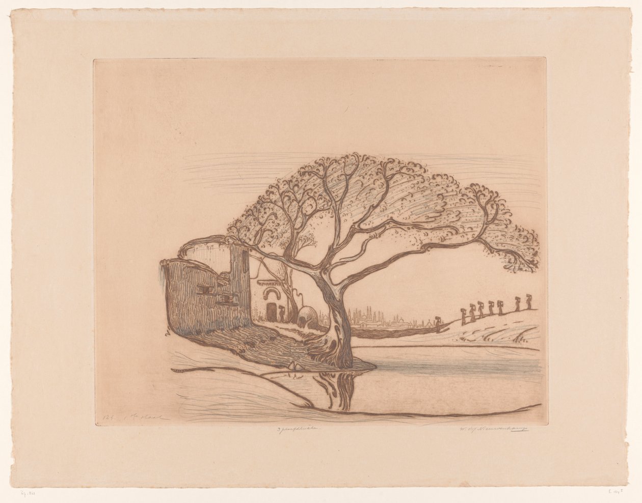 Houses, Tree by Pond, and Women with Water Jugs on Their Heads (Near Cairo) by Wijnand Otto Jan Nieuwenkamp (signed by artist)
