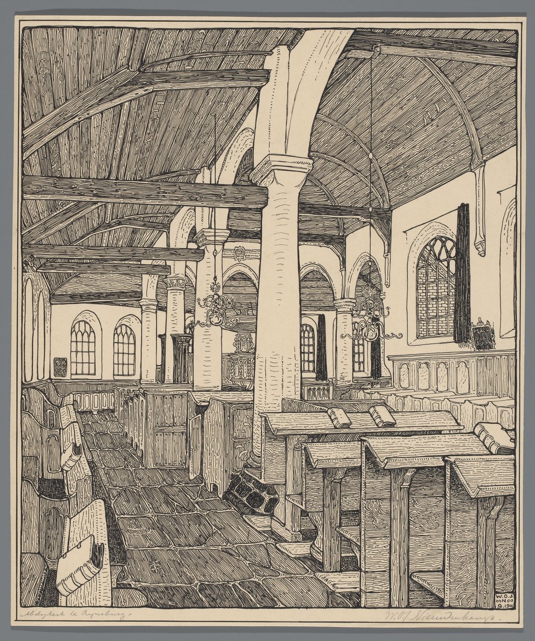 Interior of the Abbey Church in Rijnsburg by Wijnand Otto Jan Nieuwenkamp (signed by artist)