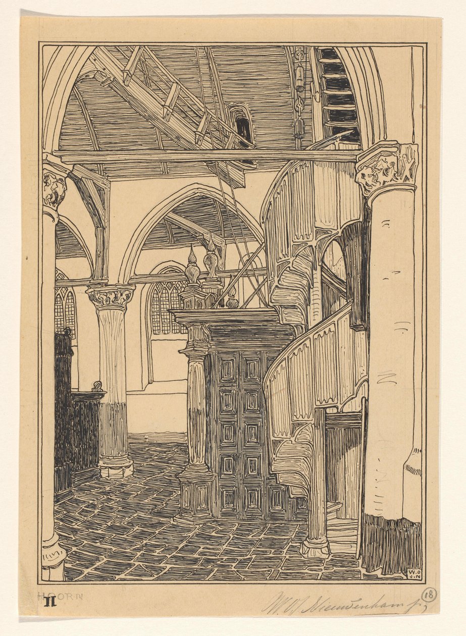Interior of the Noorderkerk in Hoorn by Wijnand Otto Jan Nieuwenkamp (signed by artist)