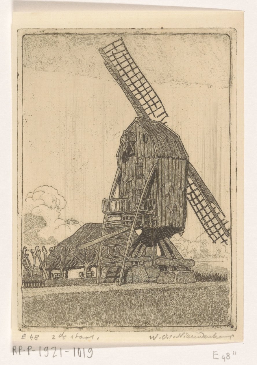 Windmill with Two Blades near Bennekom by Wijnand Otto Jan Nieuwenkamp (signed by artist)