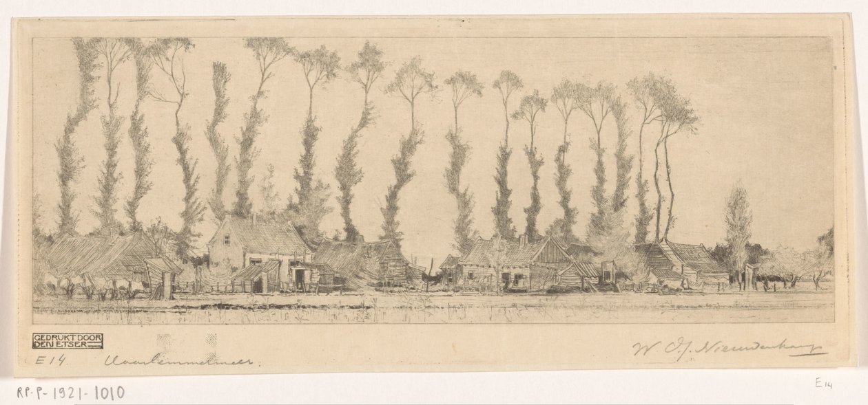 Row of trees behind houses in Haarlemmermeer by Wijnand Otto Jan Nieuwenkamp (signed by artist)