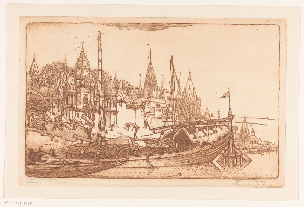 Ship with Firewood on the Banks of the Ganges in Benares by Wijnand Otto Jan Nieuwenkamp (signed by artist)