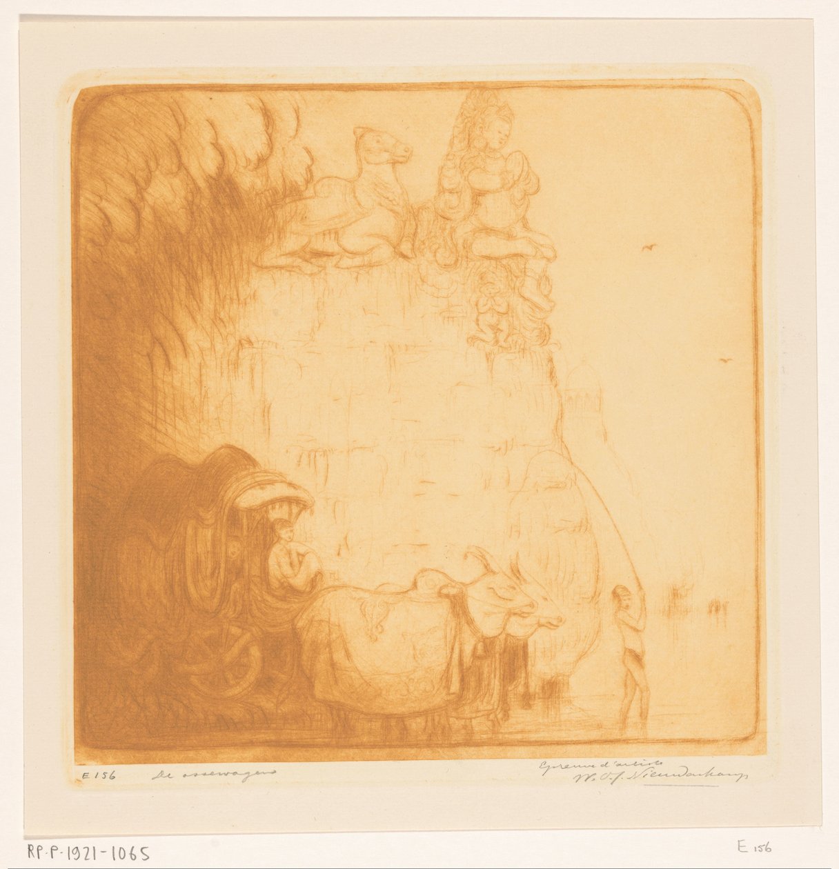 Two oxen pulling a cart through a river by Wijnand Otto Jan Nieuwenkamp (signed by artist)