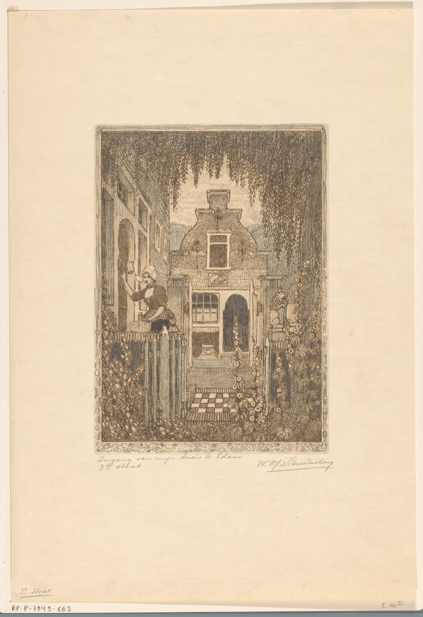 Woman in Traditional Dress Knocking on a Front Door in Edam by Wijnand Otto Jan Nieuwenkamp (signed by artist)