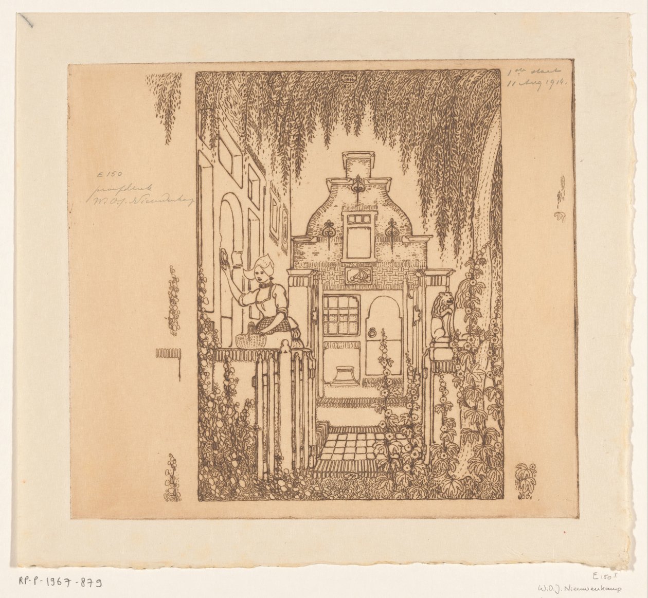 Woman in Traditional Costume Knocking on a Front Door in Edam by Wijnand Otto Jan Nieuwenkamp (signed by artist)