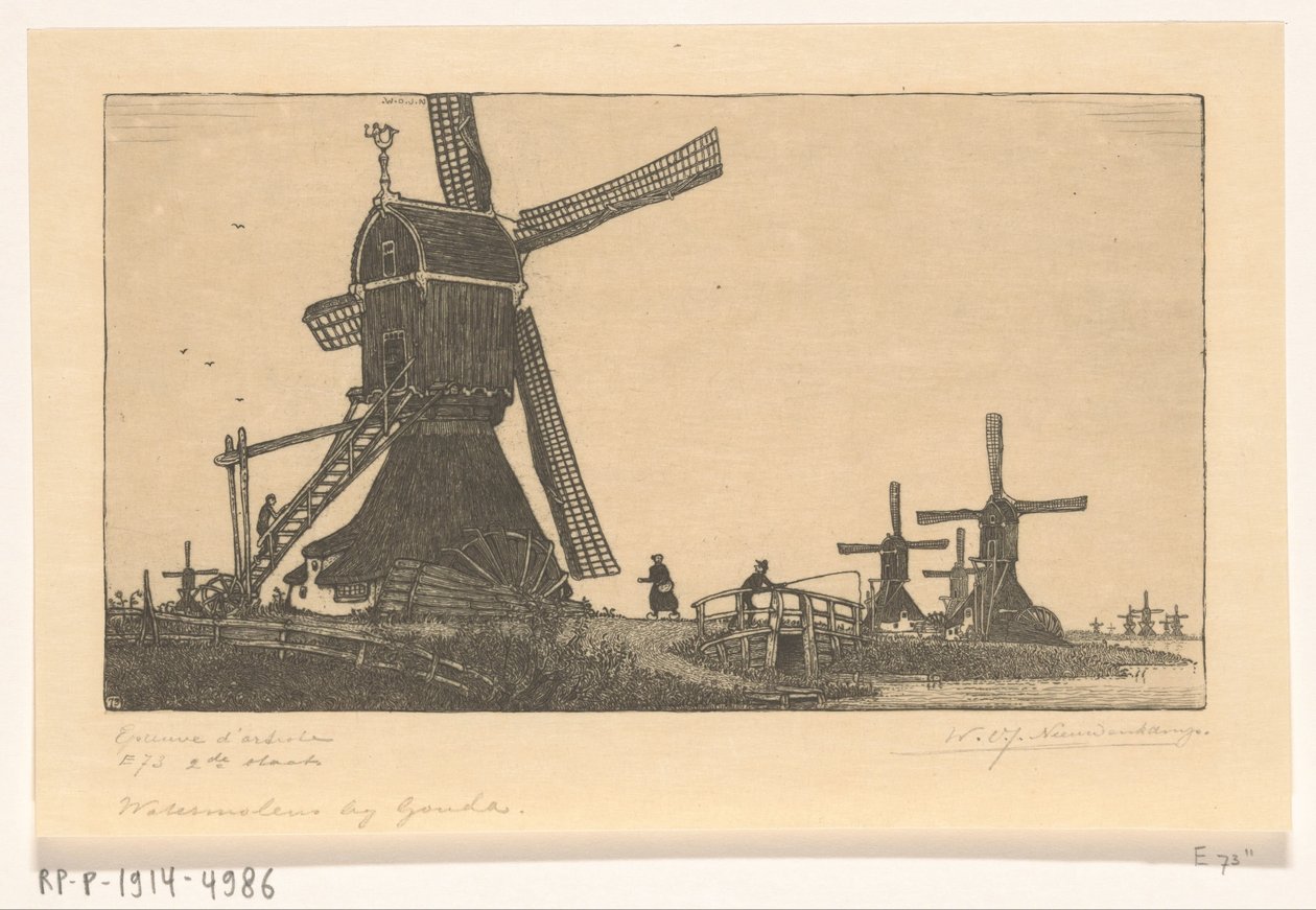 Windmills on the Vlist between Haastrecht and Schoonhoven by Wijnand Otto Jan Nieuwenkamp (signed by artist)