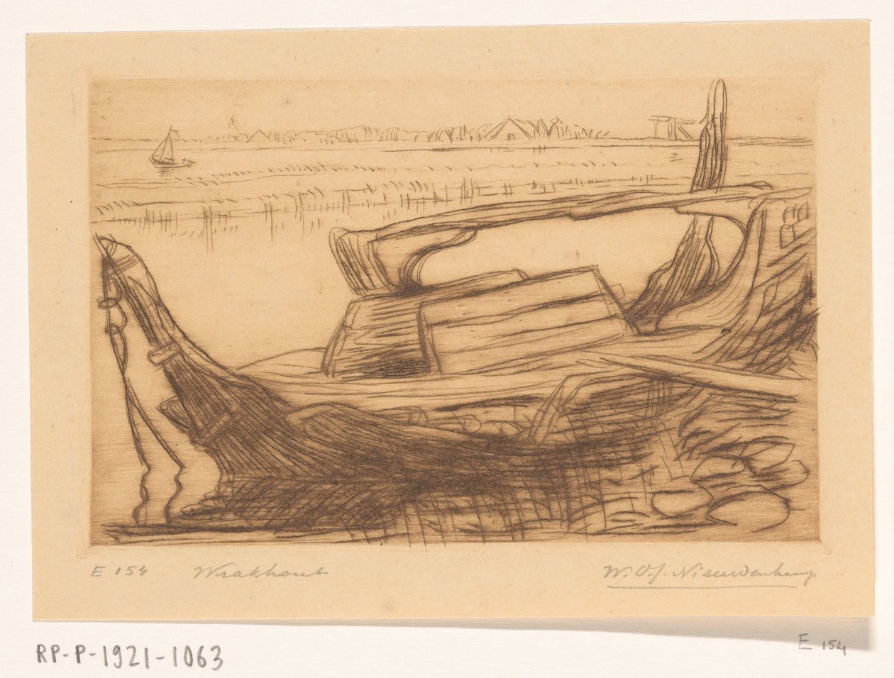 Wreck of a Botter in the Harbor of Monnickendam by Wijnand Otto Jan Nieuwenkamp (signed by artist)