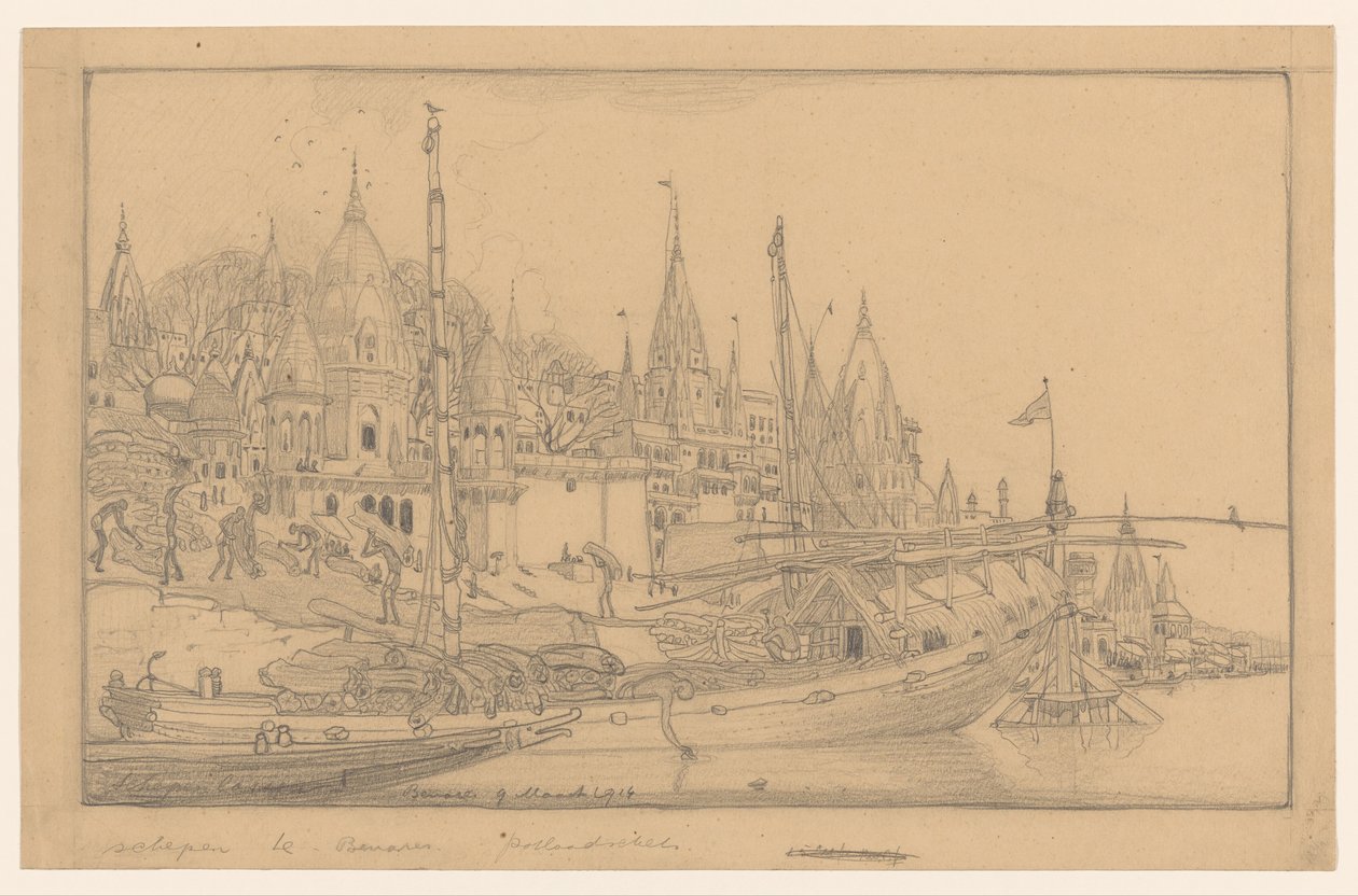 Riverbank with Ships in Benares by Wijnand Otto Jan Nieuwenkamp