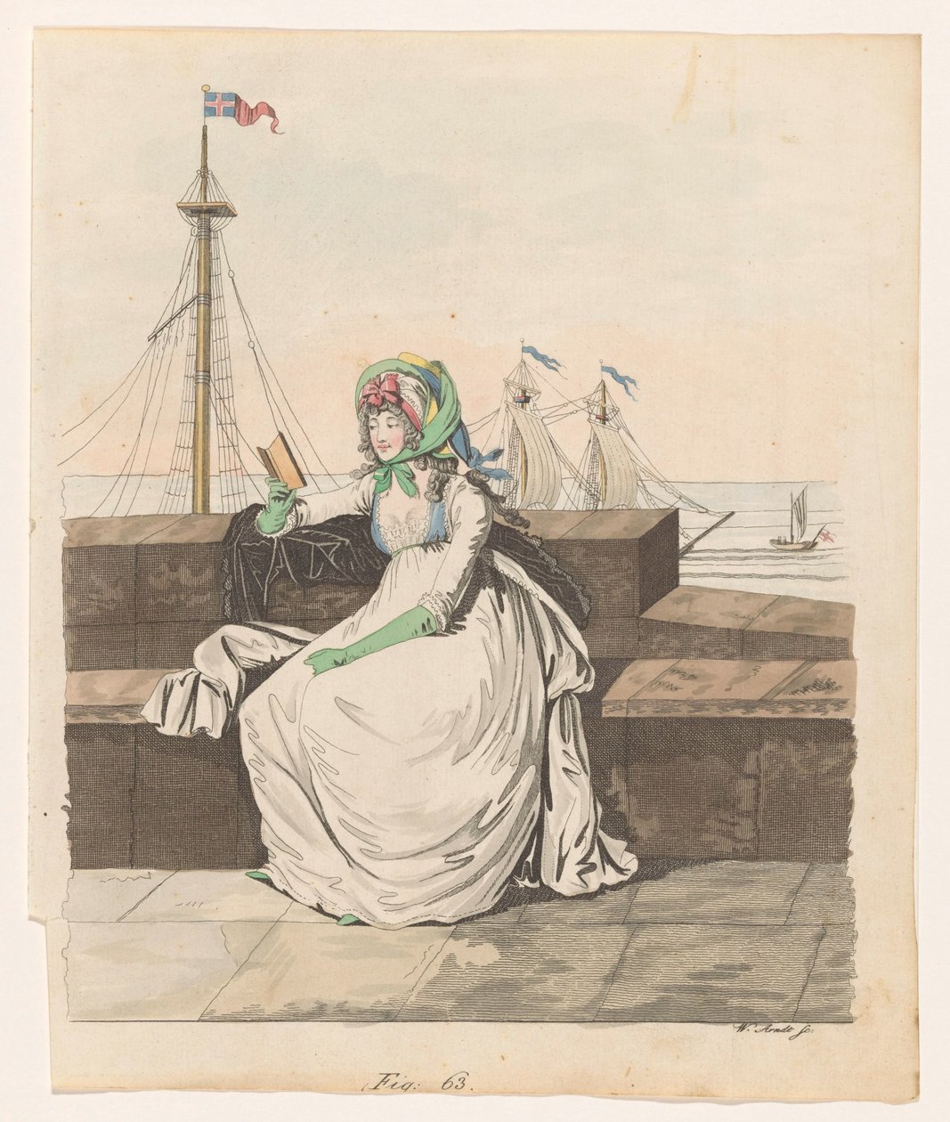 Woman Reading on a Quay, Sailing Ships in the Background by Wilhelm Arndt