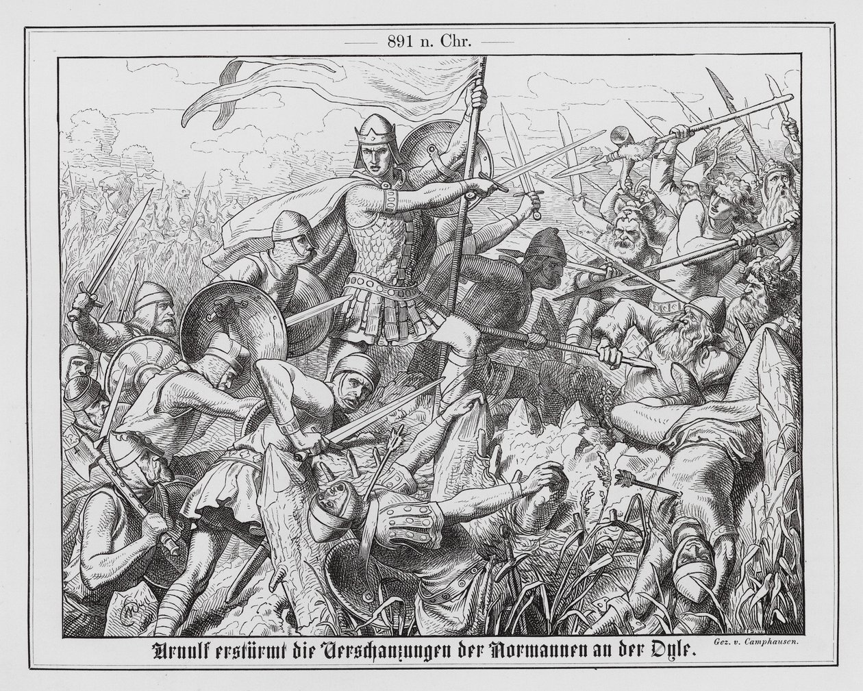 Arnulf of Carinthia Storming the Norman Defences on the River Dyle, 891 (engraving) by Wilhelm Camphausen