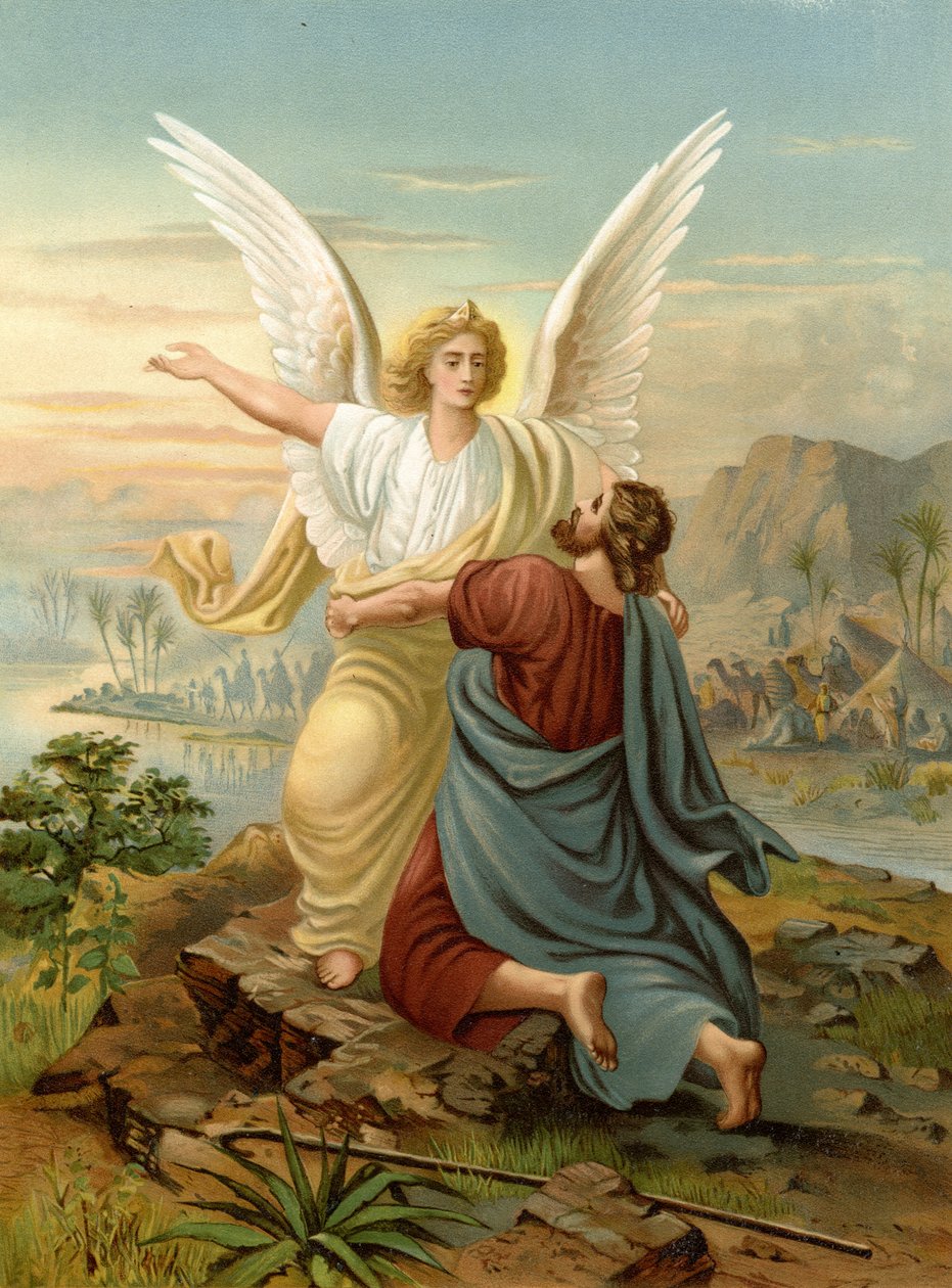 Jacob fights with an Angel (colour litho) by Wilhelm Ebbinghaus