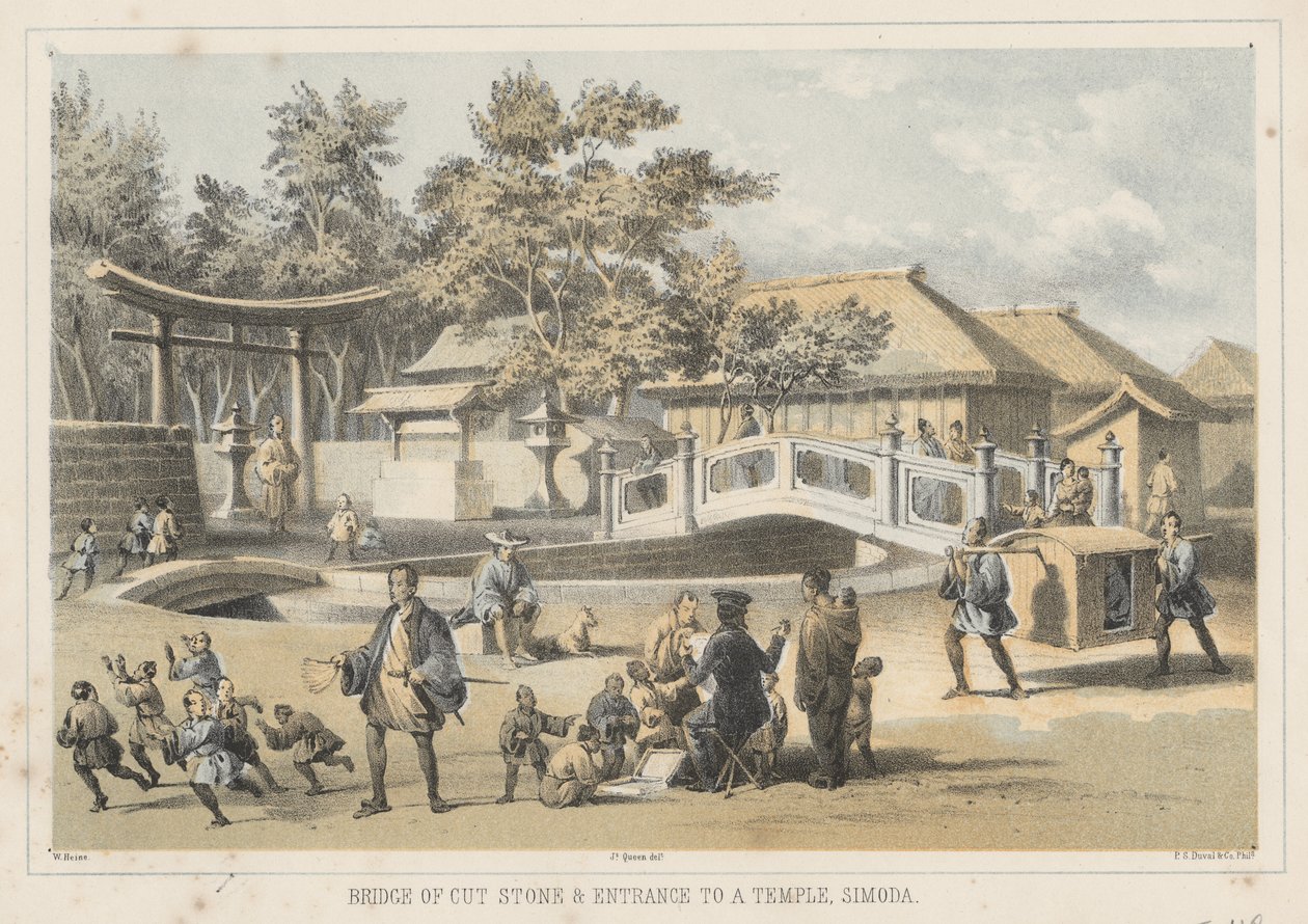 Bridge of Cut Stone and Entrance to a Temple, Simoda, 1855 by Wilhelm Joseph Heine