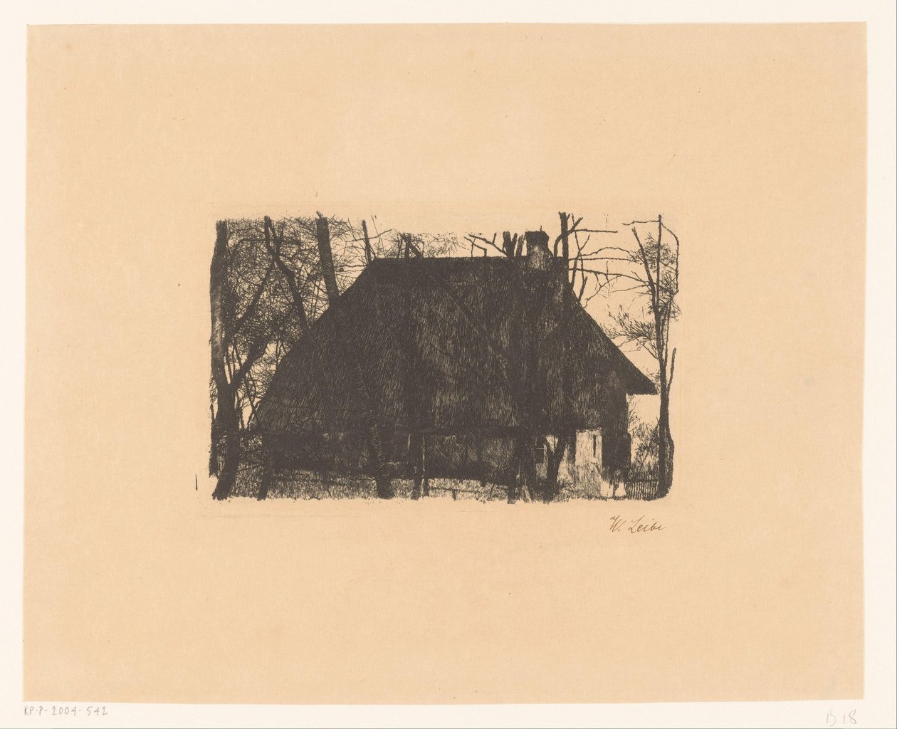 Farm Between Bare Trees by Wilhelm Maria Hubertus Leibl (signed by artist)