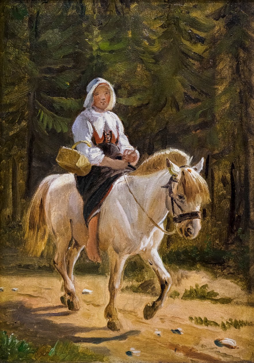 A Woman from Dalecarlia Riding Barefooted on a White Horse by Wilhelm Marstrand