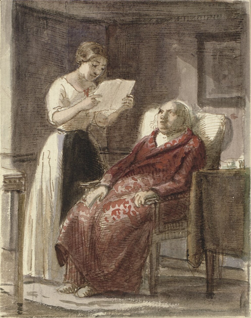 A Young Girl Reading a Letter Aloud to an Old Man in a Red Dressing Gown by Wilhelm Marstrand